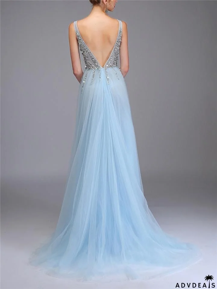 Sequined Beaded Backless Tulle Trendy Prom Dresses