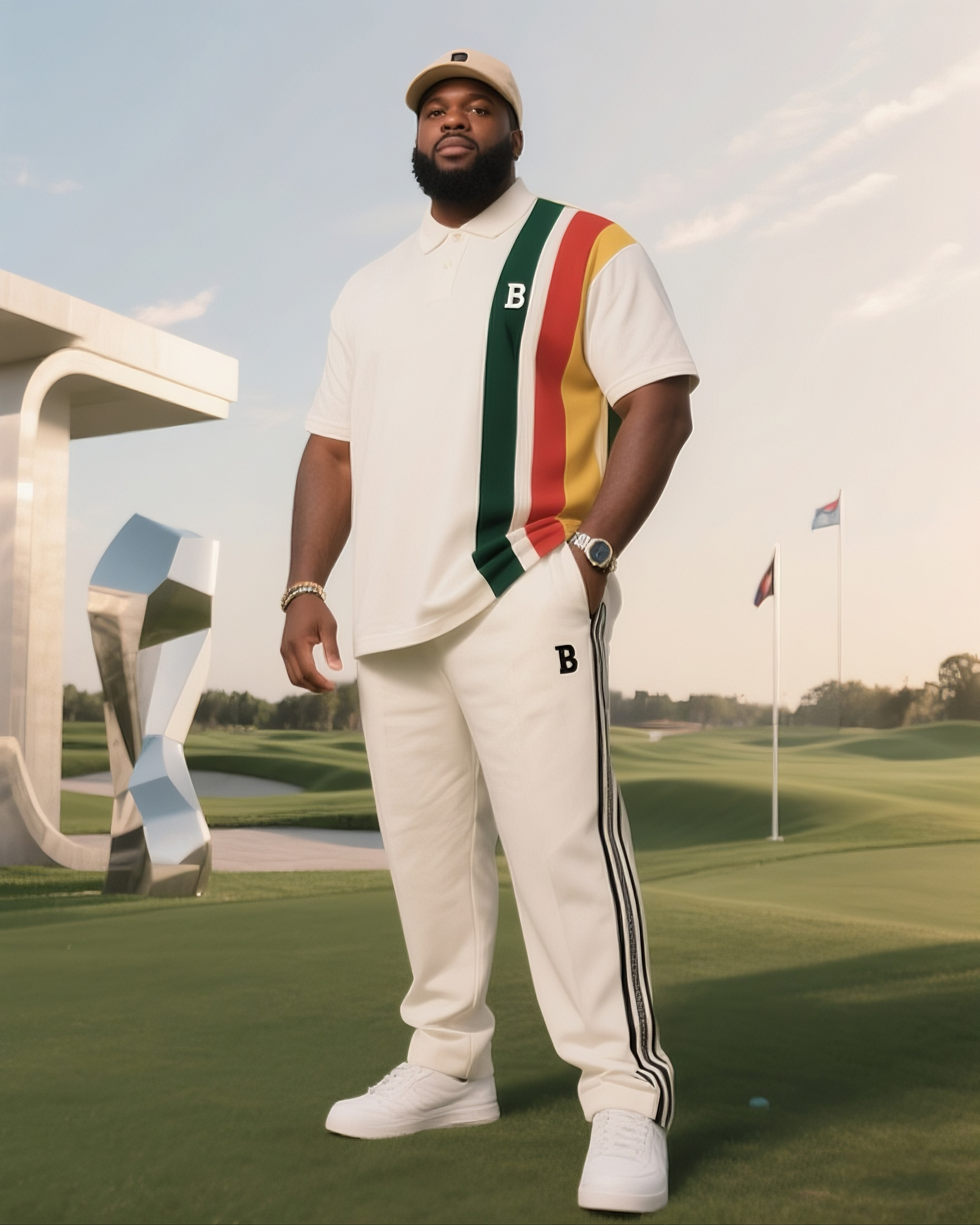 Men's Plus Size Daily Casual Ivory White Spelling Colorful Short Sleeve Simple Striped Polo Pants Suit