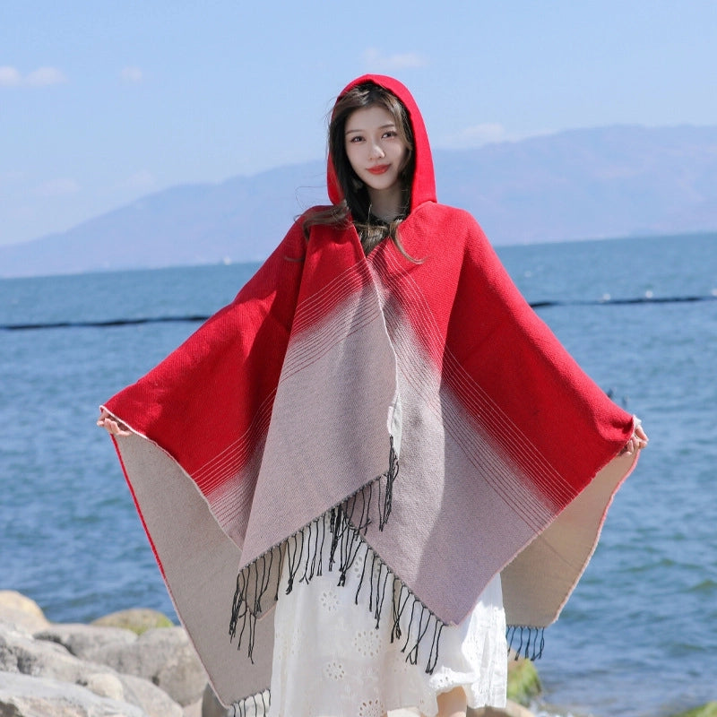 Ethnic Style Hooded Shawl Cloak Lijiang Xinjiang Tibet Northwest Tourism Wear Photograph Warm Outer Cape