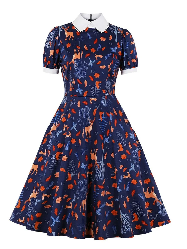 Mayoulove Vintage Dresses For Women Doll Collar Printed A-line Swing Dress-Mayoulove