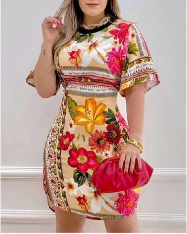Ueong New Color Positioning Printing Short-Sleeved Dress From Stock