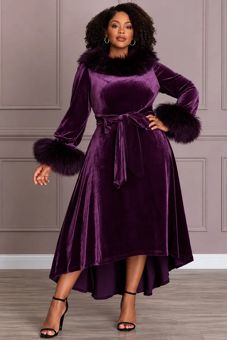 Xpluswear Design Plus Size Party Faux Fur Purple Round Neck Long Sleeve Asymmetric Hem Irregular Hem Wrap Velvet Midi Dresses [Pre-Order] 2024 - Xpluswear
