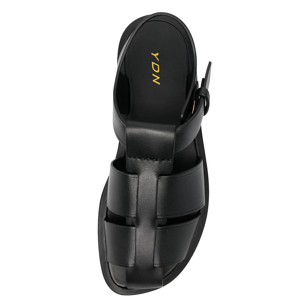 Vegan Leather Round Toe Cage Flat Comfy Black Sandals for Ladies