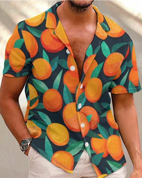 Men's Casual Orange Print Short Sleeve Shirt