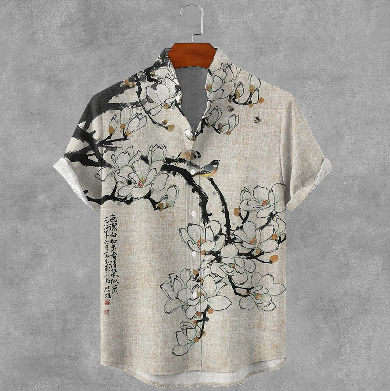 Men's Vintage Floral Oil Painting Art Print Casual Shirt  artssus