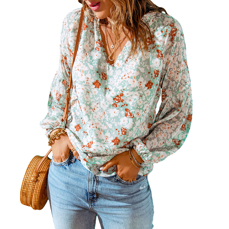 New Style Lantern Sleeve Fresh Floral Chiffon Shirts