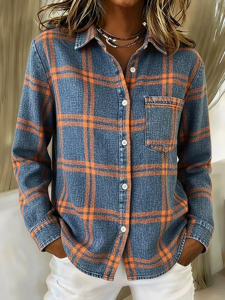 Casual And Cozy Checkered Print Denim Button-up Shirt
