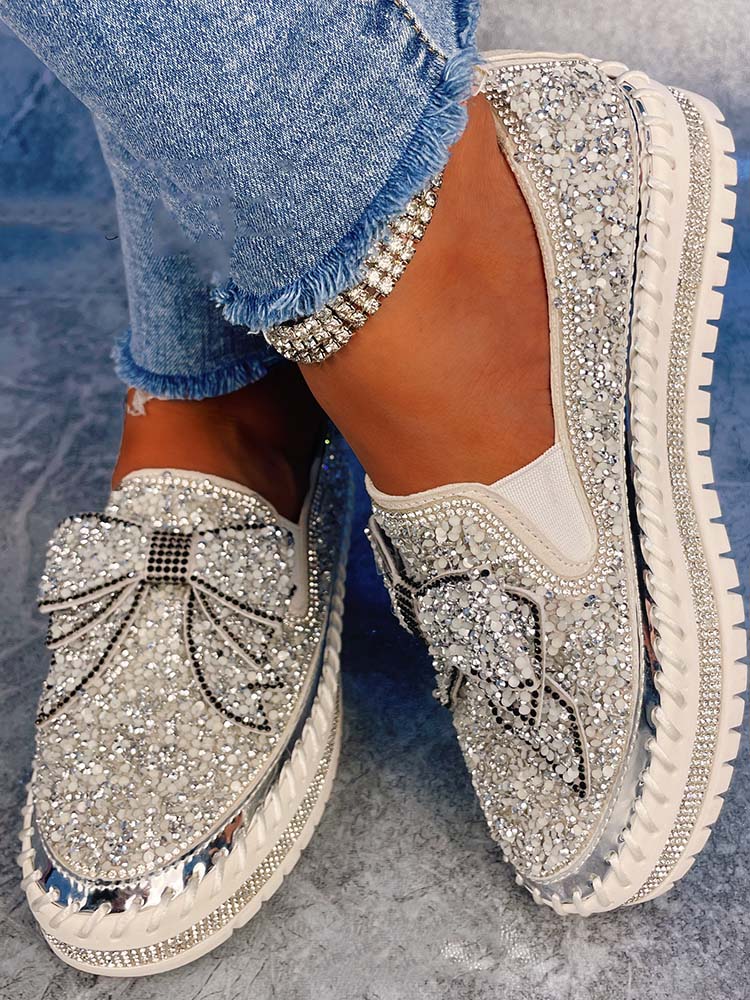 Bowknot Rhinestone Loafers Shoes - ECHOINE