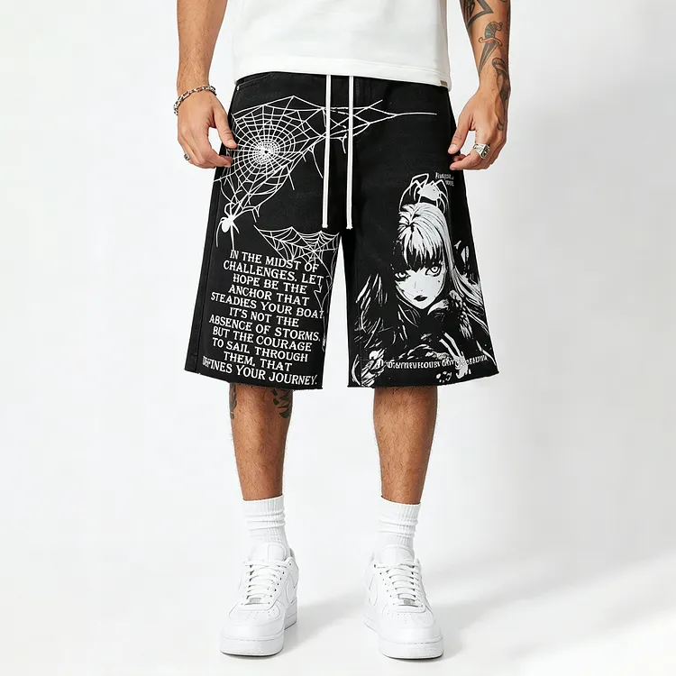 Men's Japanese Harajuku Casual Loose Fit Cartoon Print Pocket Drawstring Shorts