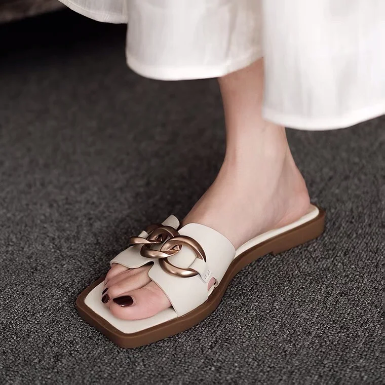 Breakj Breakj Cool Slippers Women In The Summer Of 2023 New Square Head Flat Fairy Wind Wearing Pregnant Women Half-Tat Sandals Wide Fat Feet