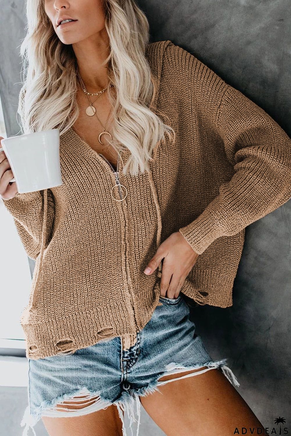 Zipper V-neck Dropped Sleeve Hooded Solid Sweater