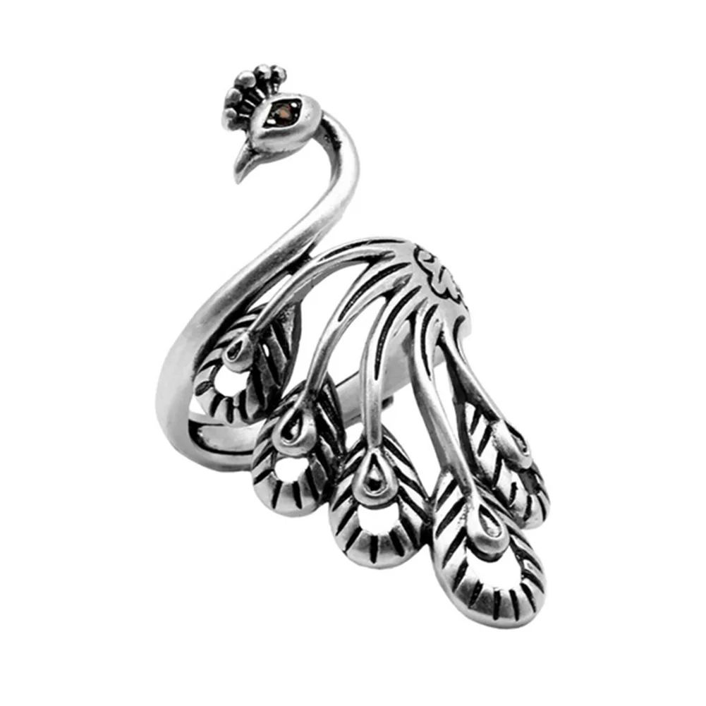 Women Vintage Alloy Ring Adjustable Thimble Crochet Loop (Silver Peafowl)