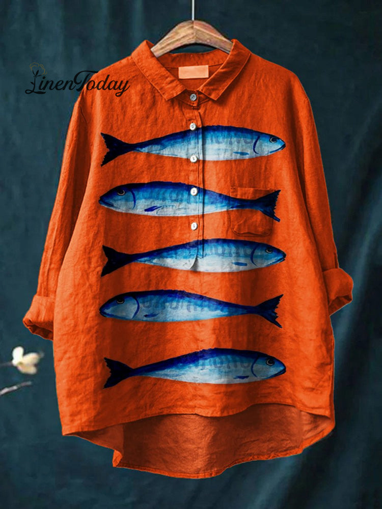 Women’s Fish Art Print Casual Cotton And Linen Shirt Multicolor / S