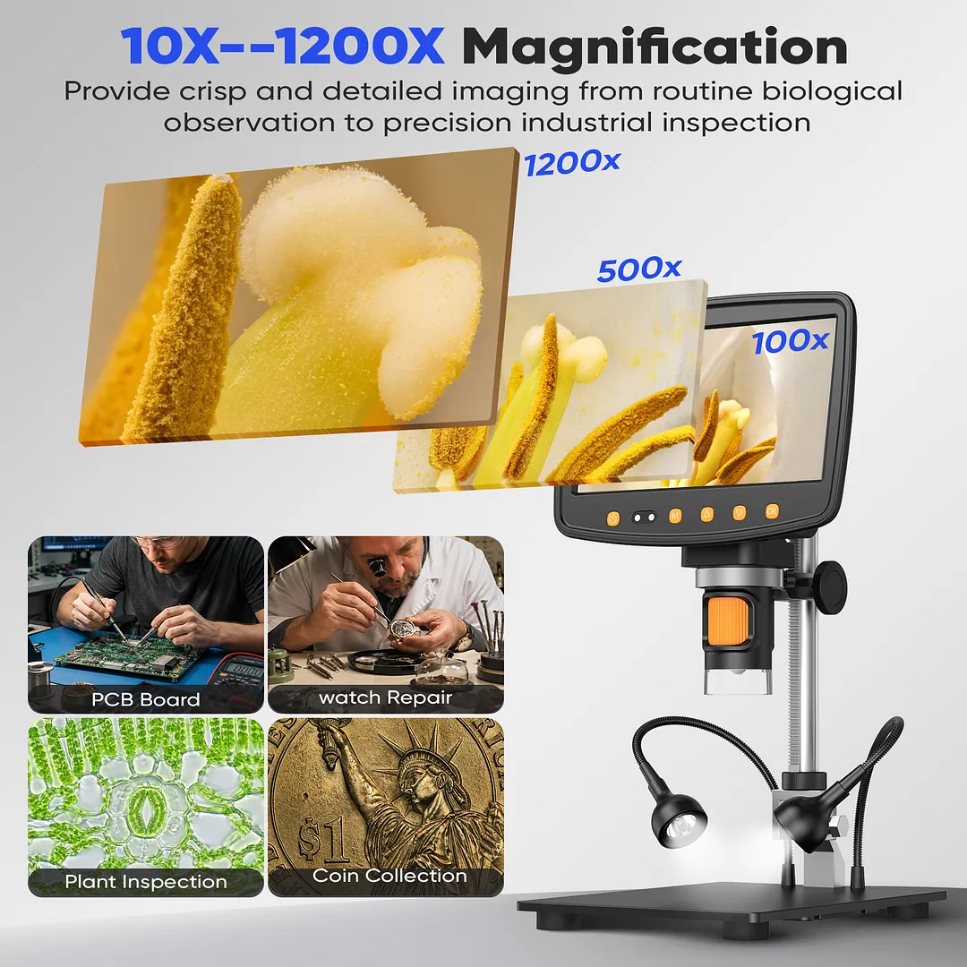 BEBANG 7" Coin Microscope, 1200X LCD Digital Microscope with 8 Adjustable LED Lights, 2 Flexible Side Lights, PC View Compatible with Windows Mac OS, 32GB