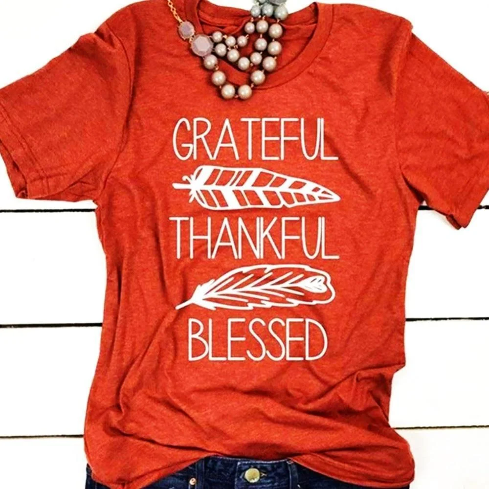 Women T-Shirt Summer Short Sleeve Tees Brick Red Blessed Feather Print O-Neck Tops