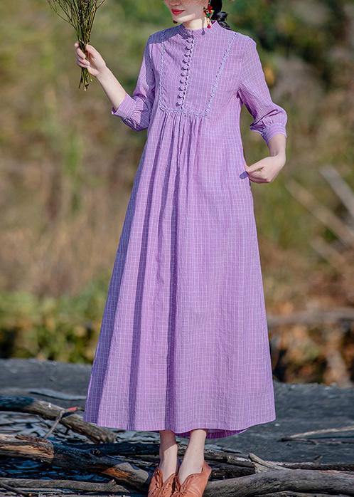 VCSHOES purple plaid dress stand collar pockets A Line spring Dress