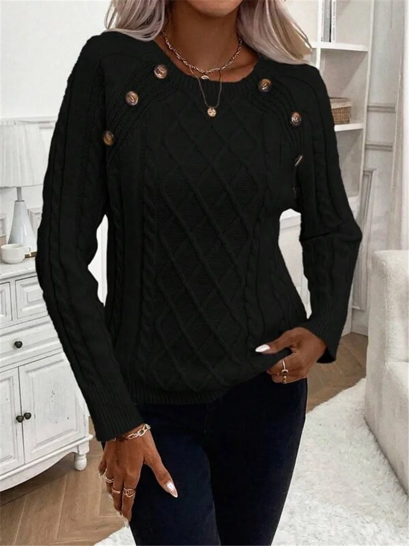 Athvotar Athvotar And Winter Button Design With Shoulder Sleeves Stifling Knitted Round-Neck Sweater