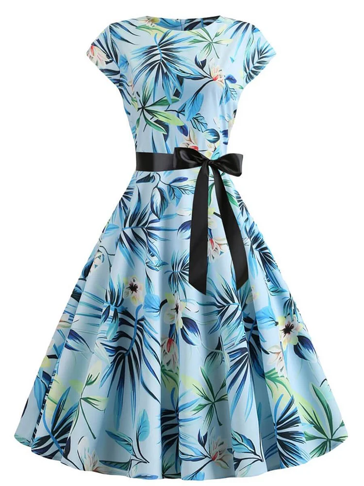 Mayoulove Womens 1950s Vintage O-Neck A-Line Cap Sleeve Dress-Mayoulove