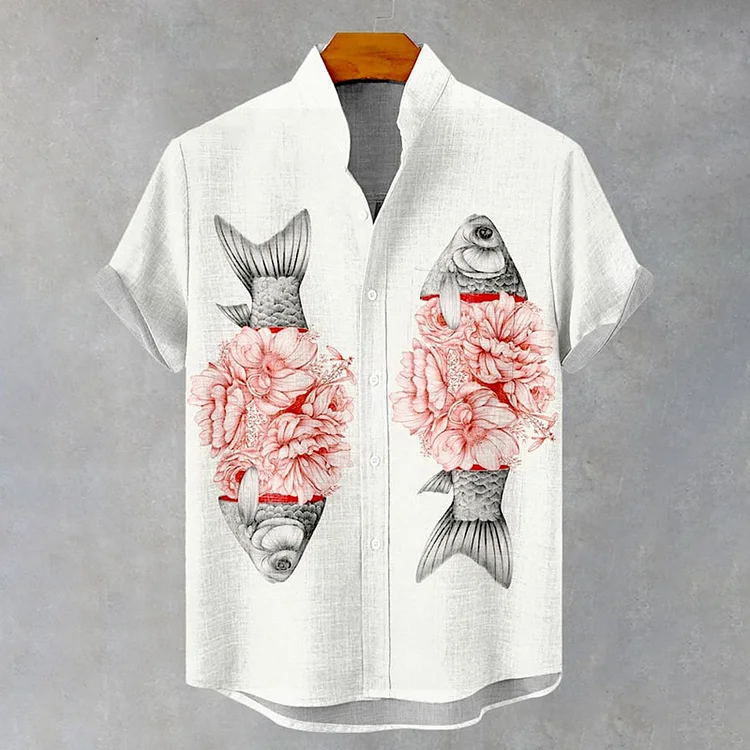 Fish And Flower Decorative Pattern Casual 100% Cotton Shirt