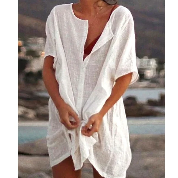 Womens Summer Short Sleeve Long Blouses Deep V-neck Loose Party Dress Ladies Casual Loose Solid Color Plus Size Beach Wear Cover-up Short Linen Dress