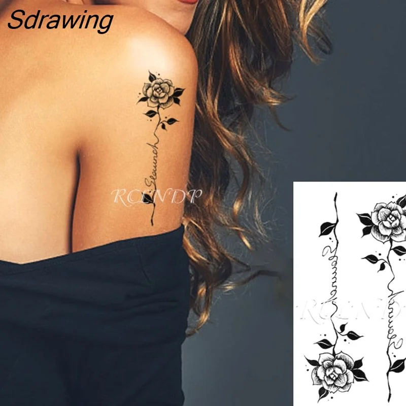 Sdrawing Temporary Tattoo Sticker Rose Flower Leaf Letter Black Small Body Art Flash Tatoo Fake Tatto for Kids Girl Men Women 328-1