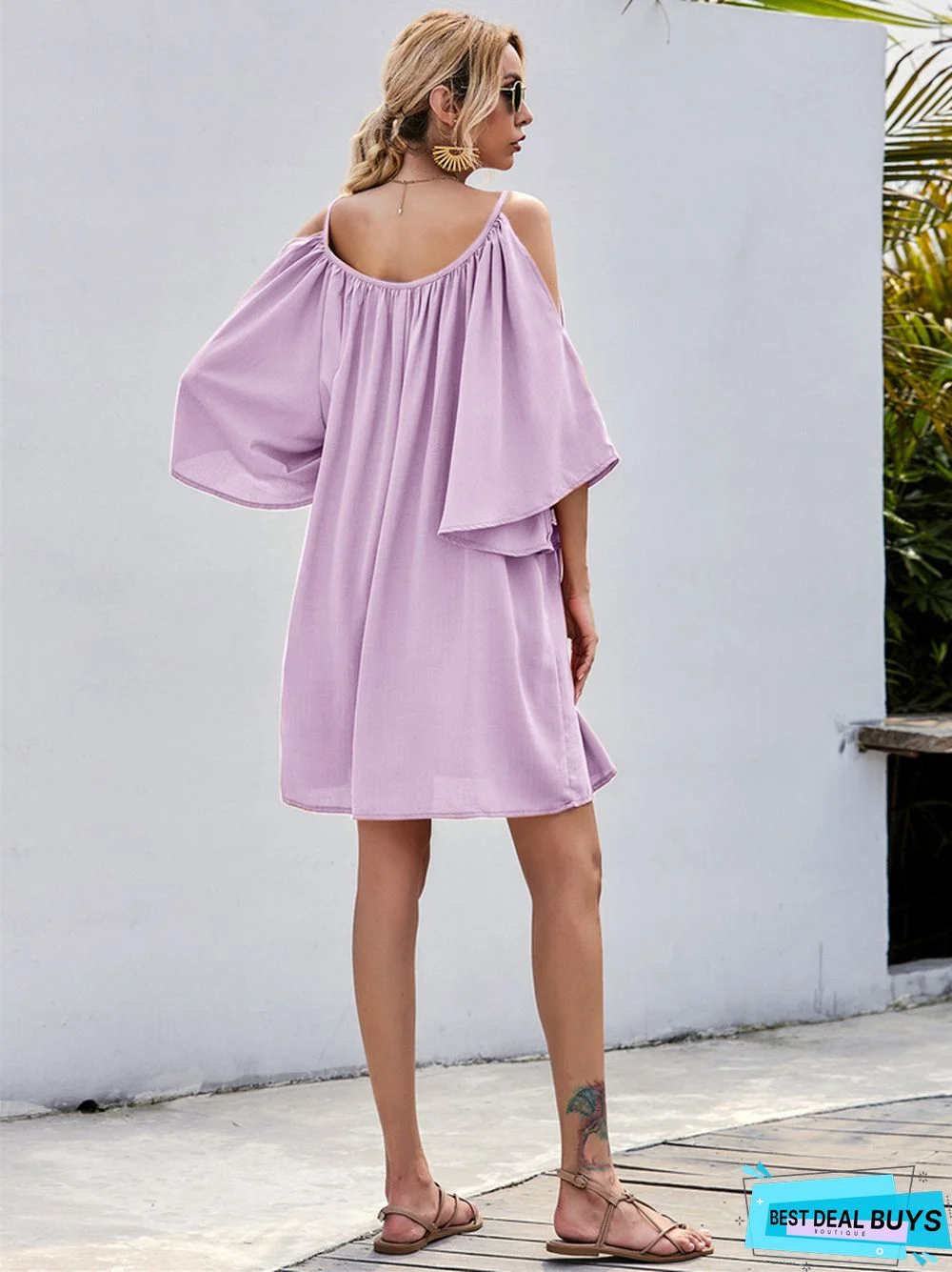 European and American Women's Casual Sexy Dress with Flared Sleeves and Shoulder Leakage