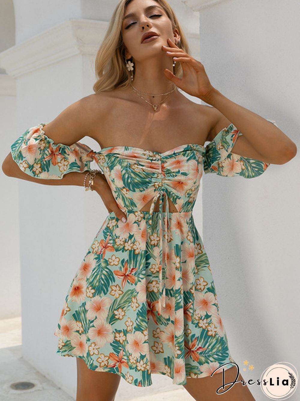 Tropical Floral Print Drawstring Peekaboo Bardot Beach Hot Dress