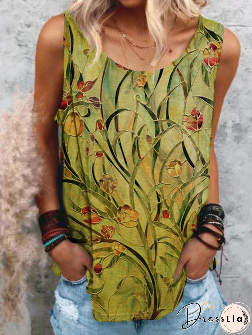 Women Summer Casual Crew Neck Vintage Floral-Print Tank Top