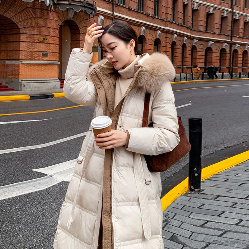 Toloer Advanced Sense Long Down Jacket Female 2024 Winter Fashion Fox Big Hair Collar Waist Show Thin White Duck Down Over The Knee Coat-Outfit Ideas
