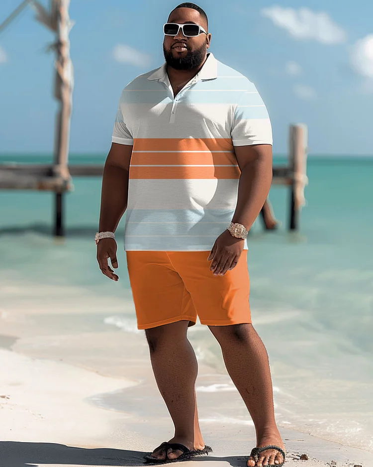 Men's Plus Size Casual Simple Colorblock Striped Polo Shorts Suit
