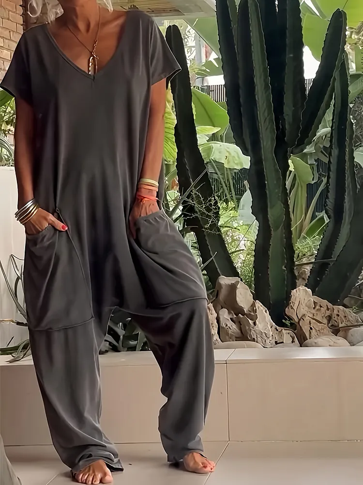 Lightweight Womens Oversized Jumpsuit V-Neck Short Sleeve Low-Grade Solid Color Casual