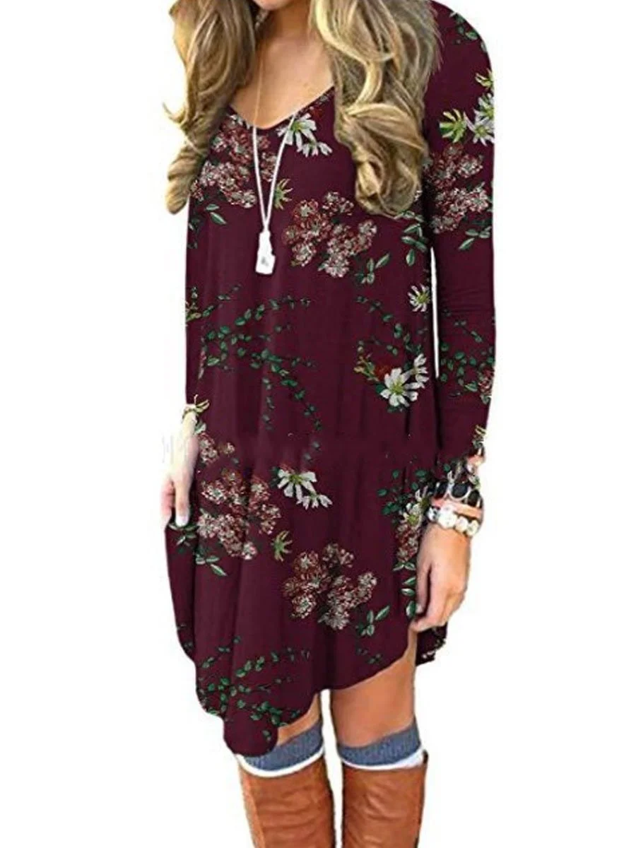 Long Sleeve Casual Loose Print Dress