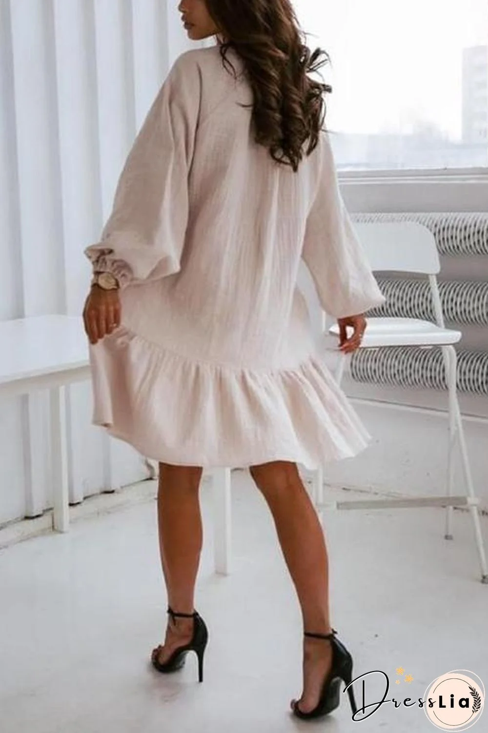 Linen Lace Up Puff Sleeve Mini Dress