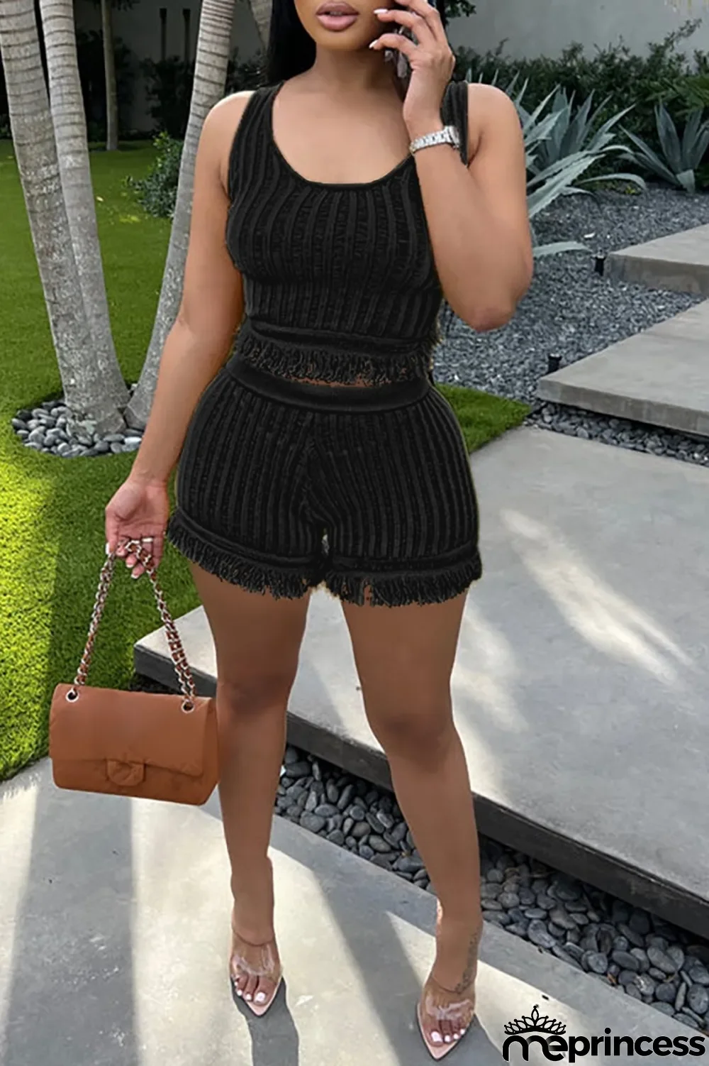 Black Casual Solid Backless O Neck Sleeveless Two Pieces