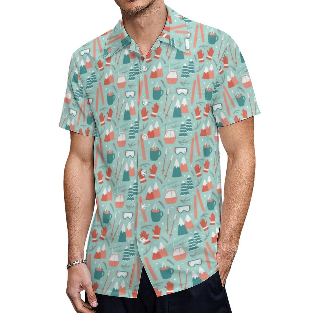 Short Sleeve Cozy Skiing Winter Sport Hawaiian Shirt Mens Button Down Plus Size Tropical Hawaii Beach Shirts