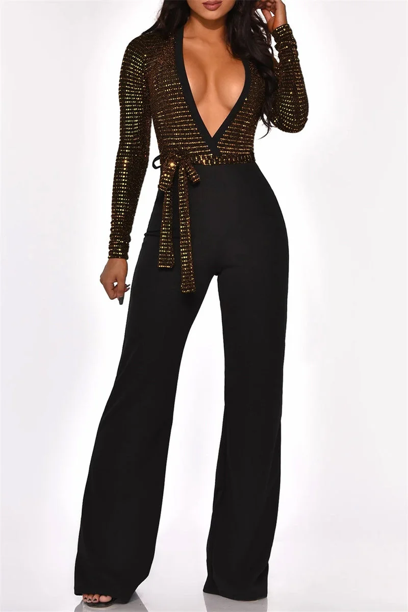 Fashion Casual Patchwork Sequins V Neck Regular Jumpsuits