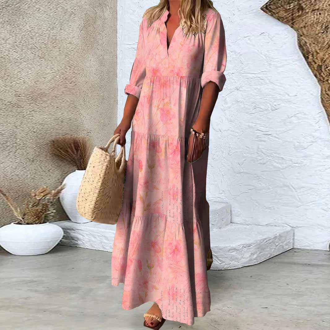Women Pink, Flowers DZDN0462 SPU Printed Long Sleeve V-neck Maxi Dress