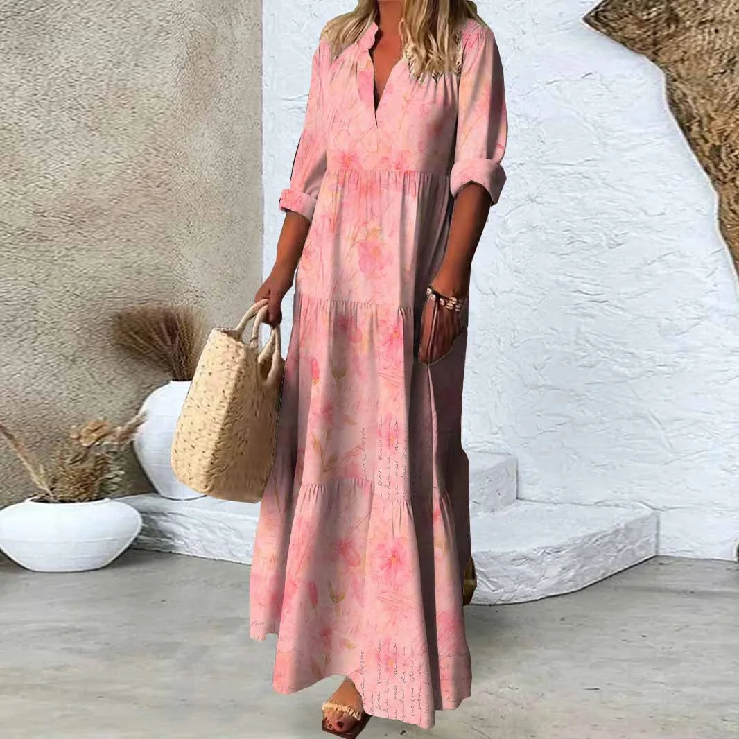Women Pink, Flowers DZDN0462 SPU Printed Long Sleeve V-neck Maxi Dress