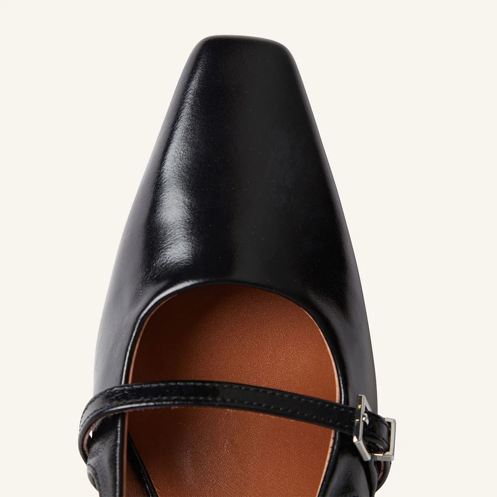 YDN Black Square Toe Buckle Strap Kitten Heel Slingback Pumps