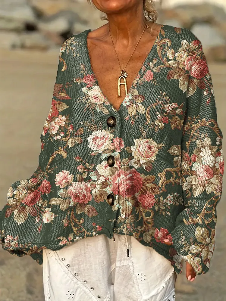 Women's Vintage Floral Pattern Art Print Casual Pullover Sweater