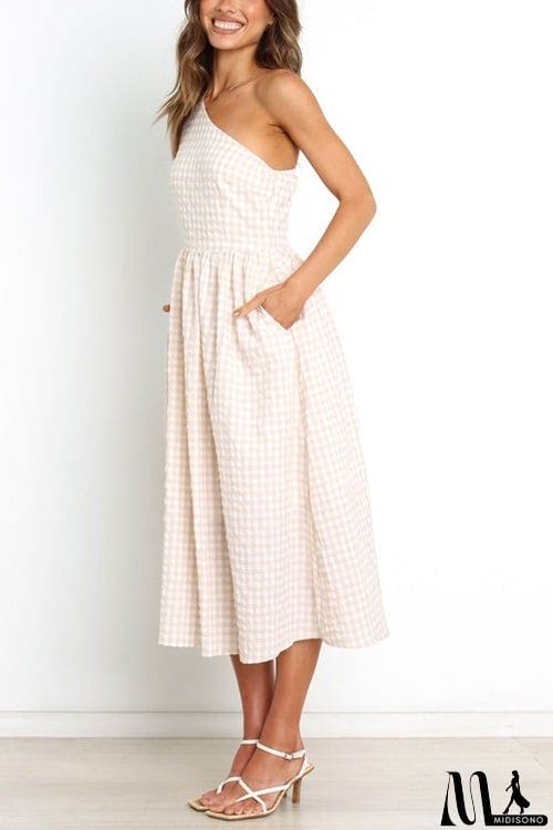 MidiSono - Plaid Puff One Shoulder Midi Dress