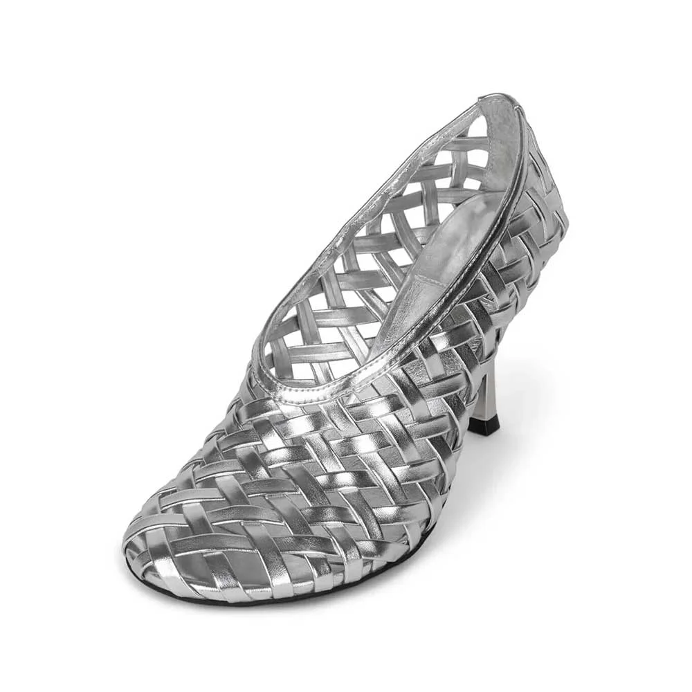 Silver Metallic Round Toe Stiletto Heel Woven Pumps for Women