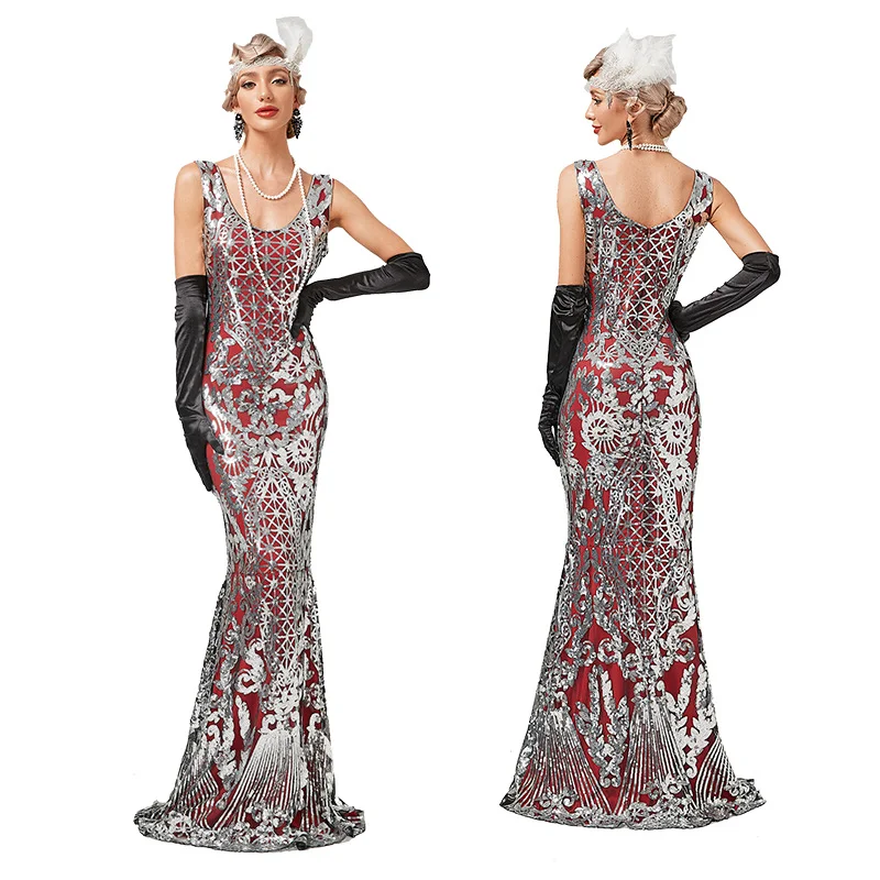 Women Party Dress 1920s Great Gatsby Sleeveless Sequined Mermaid Maxi Plus Size Dress Novameme