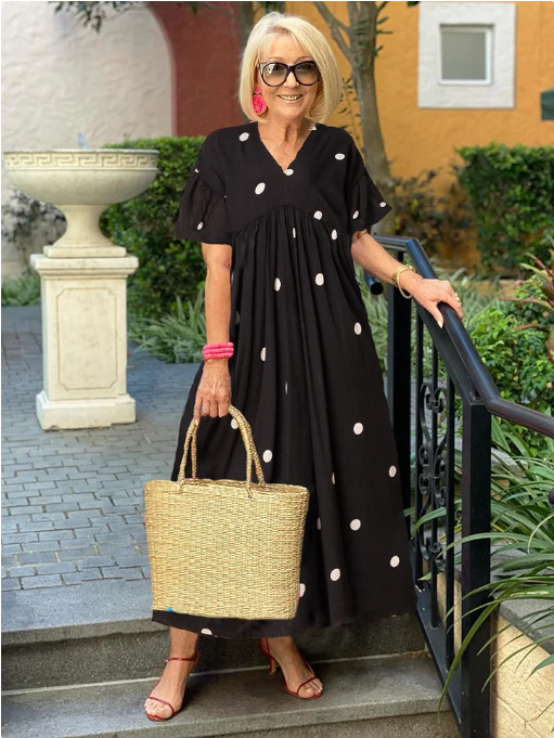 Mature Women Casual Summer New Polka Dot Short Sleeve Girdle Mid Waist Dress