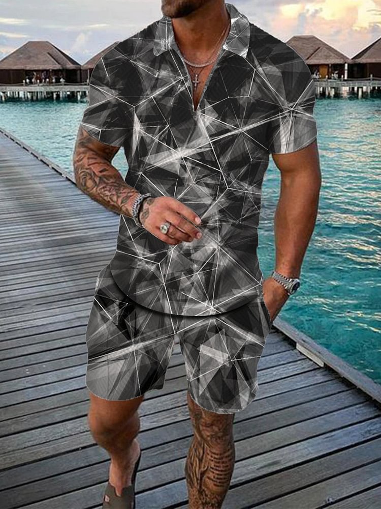 Men's Casual Resort Art Print Polo Suit