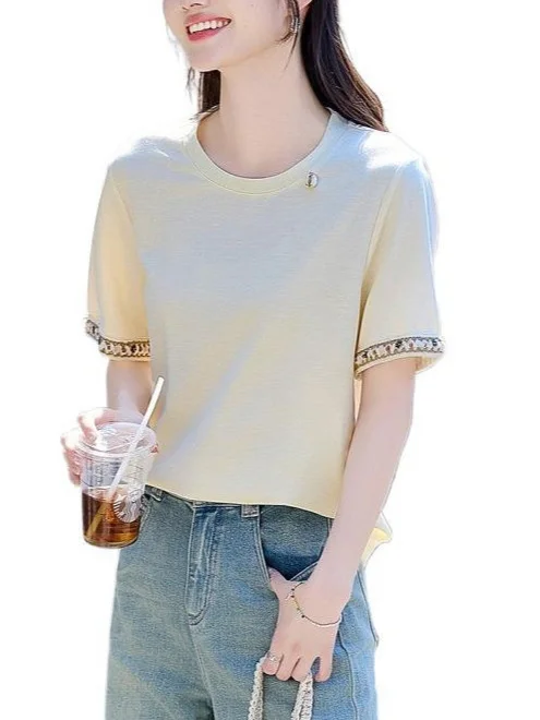 Athvotar Athvotar Cream-Colored Top 25 Years Of Summer New Commute Fashion Design Lace Splicing Loose T-Shirt Girl