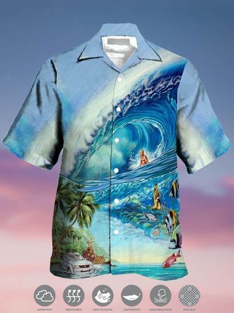 Beach Surfing  Print Casual Breathable Short Sleeve Aloha Shirt