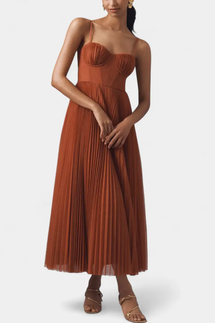 Structured Sweetheart Pleated Midi Dress