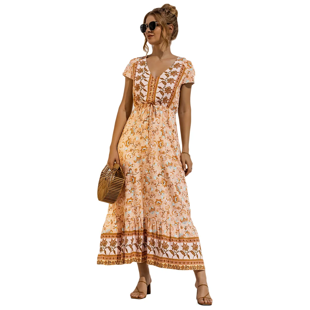 Light Yellow Lace Up Buttoned Maxi Floral Dress