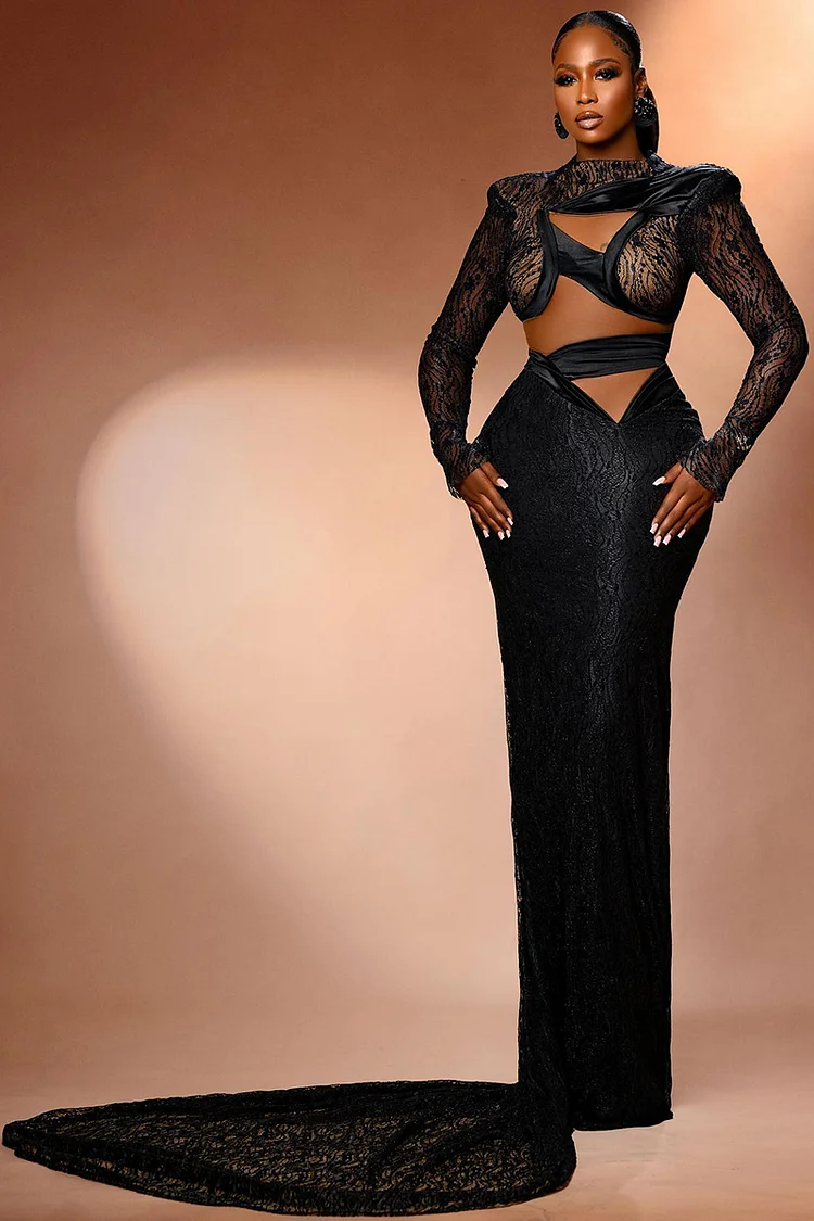 Irregular Cutout Lace Flared Sleeve Bodycon Mermaid Hem Gowns Maxi Dresses-Black [Pre Order]